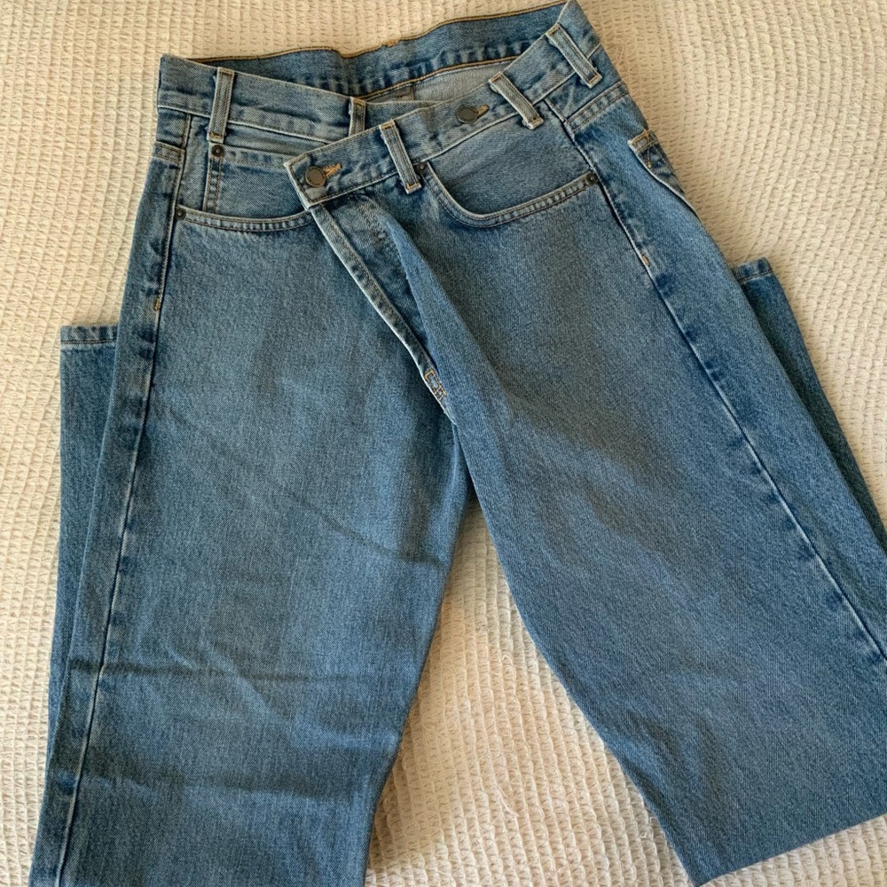 LF x Carmar Denim Asymmetrical Button Hem Vintage Crossover Women’s Jeans Pants